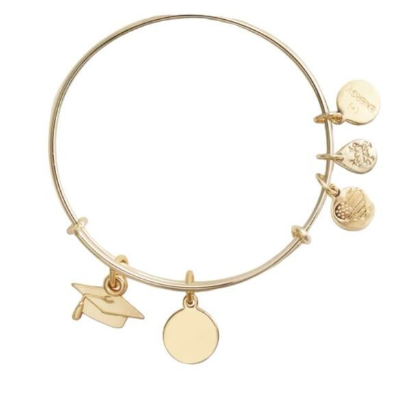 ALEX + ANI NEW GRADUATION CAP DUO CHARM BANGLE BRACELET SHINY GOLD - Picture 3 of 5